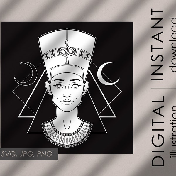 Egyptian queen Nefertiti two digital illustrations clipart, witch tapestry, gothic poster print vector design SVG, clip art  Commercial use