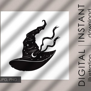 May include: Black and white illustration of a witch's hat with a starry night design and a crescent moon. The hat has flowing ribbons and is labeled "DIGITAL INSTANT download illustration" with file type options.