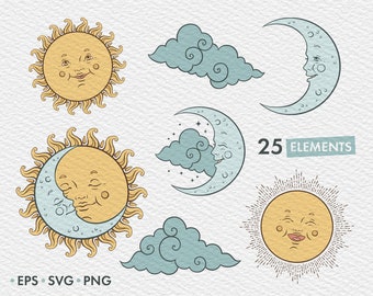 May include: A set of 25 hand-drawn illustrations featuring whimsical sun and moon faces with clouds. The sun and moon have smiling faces and are surrounded by rays and stars. The clouds are light blue with swirling details. These illustrations are perfect for adding a touch of whimsy to your designs.