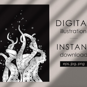 May include: Black and white digital illustration of an octopus with tentacles reaching up. The octopus is surrounded by small circles, representing bubbles.