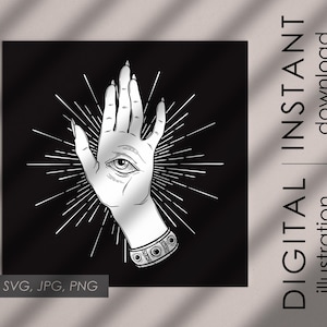 May include: Black and white illustration of a hand with an eye in the palm, surrounded by radiating lines. The hand is wearing a bracelet with a geometric design.  EPS, SVG, JPG, PNG.