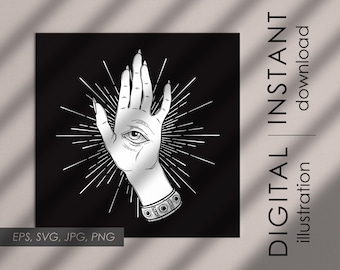 Magische Hand der Hexe mit Auge und Sunburst Vektor-Gothic-Design, EPS10, PNG, JPG digitale Clip Art Kommerzielle Nutzung