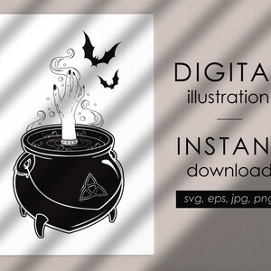 Witch&#39;s brew magic cauldron digital illustration, witch boiling cauldron gothic design, SVG, EPS10, PNG, JPG digital clip art Commercial use