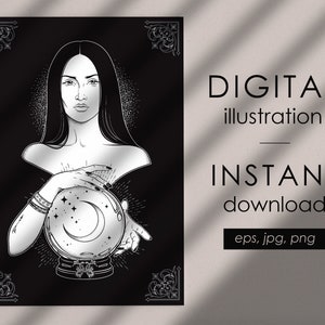 Witch with crystal ball digital illustration, magic ball gothic poster, print or flash tattoo design vector digital clip art  Commercial use