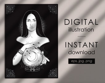 Witch with crystal ball digital illustration, magic ball gothic poster, print or flash tattoo design vector digital clip art  Commercial use
