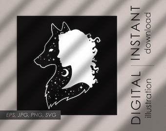 Silhouettes of wolf and girl with crescent moon and stars, digital design clipart, boho clip art EPS, SVG, PNG, jpg cricut commercial use