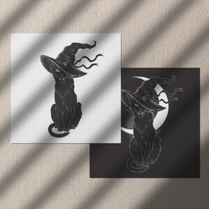 Puede incluir: Dos ilustraciones en blanco y negro de un gato negro con un sombrero de bruja. El gato de la izquierda est&aacute; sobre un fondo blanco, mientras que el gato de la derecha est&aacute; sobre un fondo negro con una luna creciente detr&aacute;s.