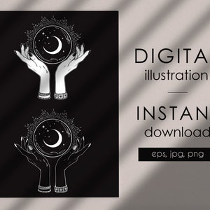 Crystal ball digital illustration, magic crystal ball in hands of witch gothic designs, EPS10, PNG, JPG digital clip art Commercial use