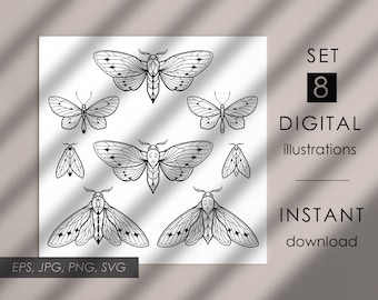 Set di illustrazioni digitali in stile flash con tatuaggi di farfalle e falene magiche, clipart vettoriali gotiche, clipart di Halloween per uso commerciale.