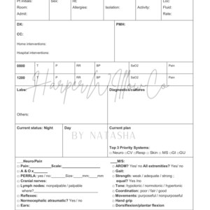 Może przedstawiać: Czarno-biała karta medyczna z tytułem "Imię studenta" i "Data". Karta zawiera sekcje dotyczące danych demograficznych, parametrów życiowych, aktualnego stanu i aktualnego planu. Karta zawiera również sekcję dotyczącą 3 najważniejszych systemów priorytetowych, które obejmują układ nerwowy, sercowo-naczyniowy, oddechowy, skórę, układ ruchu, trawienny i moczowo-płciowy.