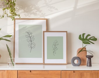 Eucalyptus Line Drawing,Downloadable Set of 2 Prints,Sage Green Wall Art,Botanical Printable Art,Kitchen Print,Boho Wall Decor,Botany Prints