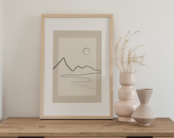 Landscape Line Art,Downloadable Neutral Art Print,Boho Wall Decor,Abstract Single Line,Beige Printable Wall Art,Minimalist Mountains Print