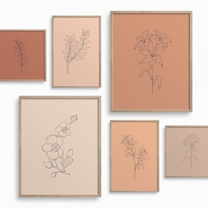 Mur de galerie de fleurs minimalistes, dessin au trait botanique téléchargeable, ensemble de 6 tirages botaniques, art mural en terre cuite, art imprimable floral, décor Boho