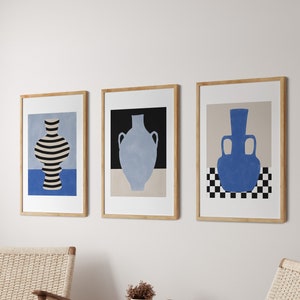 Conjunto de impresión de cerámica, pared de galería descargable, arte imprimible de jarrón, naturaleza muerta abstracta, arte de pared beige azul, impresión de pared boho de moda, decoración japonesa