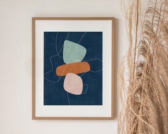 Printable Terracotta Navy Wall Art,Downloadable Abstract Shapes Print,Minimalist Balancing Shapes Art Print,Watercolor Boho Wall Print