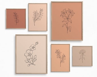 ミニマリストの花のギャラリーウォール、ダウンロード可能な植物の線画、植物のプリント6枚セット、テラコッタの壁アート、花のプリントアート、ボヘミアン風の装飾