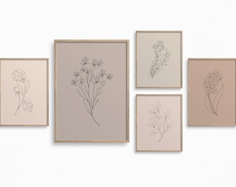 Minimalist Flowers Gallery Wall,Downloadable Botanical Line Art,Set of 5 Botany Prints,Blush Pink Wall Art,Floral Printable Art,Boho Decor