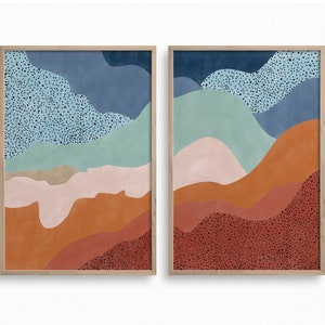 Abstrakte Landschaft druckbare Kunst, herunterladbares minimalistisches Druck-Set, Blau und Rost Berg Wandkunst, Terrakotta Minimal Kunstwerk, Boho Sonnenuntergang