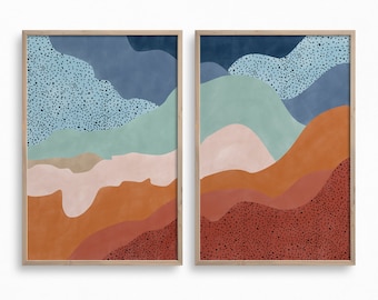 Abstract Landscape Printable Art,Downloadable Minimalist Print Set,Blue and Rust Mountain Wall Art,Terracotta Minimal Artwork,Boho Sunset
