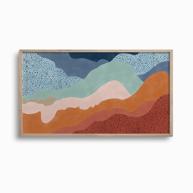 Pode incluir: Impress&atilde;o de arte abstrata com uma paisagem colorida em tons de azul, verde, rosa, laranja e vermelho. A impress&atilde;o tem um aspecto texturizado e em camadas com pontos pretos por toda a superf&iacute;cie.