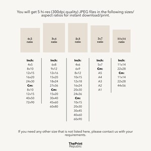 May include: A chart showing different aspect ratios and their corresponding measurements in inches and centimeters. The chart is titled "You will get 5 hi-res (300dpi quality) JPEG files in the following sizes/aspect ratios for instant download/print."