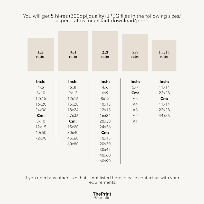 May include: A chart showing different aspect ratios and their corresponding measurements in inches and centimeters. The chart is titled "You will get 5 hi-res (300dpi quality) JPEG files in the following sizes/aspect ratios for instant download/print."