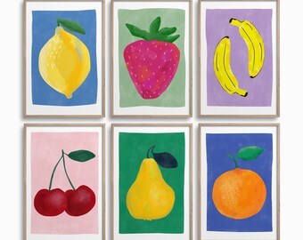 Downloadable Fruits Gallery Wall,Hand Painted Colourful Fruits Printable Art, Aesthetic Kitchen Wall Decor, Dopamine Pastels Fruits Decor