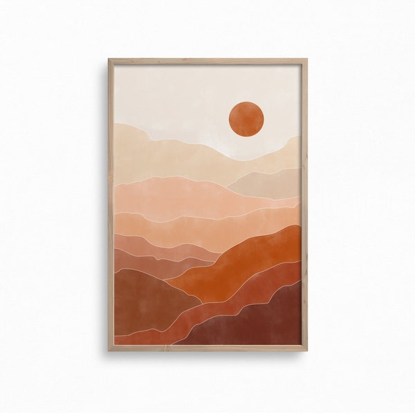 Downloadbaar abstract landschap, terracotta afdrukbare kunst, aardetinten kunst aan de muur, verbrande oranje bergen print, boho muur print, minimalistische print