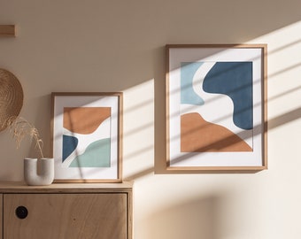 Minimalist Print Set of 2,Abstract Shapes Printable Art,Blue and Rust Geometric Wall Art,Downloadable Terracotta Art,Minimal Boho Artwork