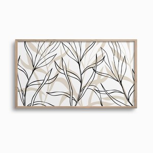 Puede incluir: Una impresi&oacute;n art&iacute;stica bot&aacute;nica enmarcada con un dise&ntilde;o minimalista. La obra presenta dibujos lineales negros de hojas y tallos sobre un fondo blanco, con sutiles formas de hojas beige. El marco es de madera clara.