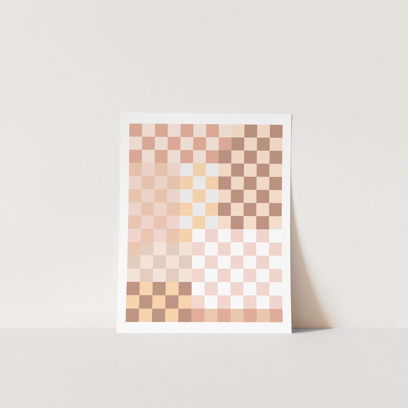 May include: A digital art print featuring a checkered pattern in shades of pink, beige, and brown. The print is divided into four sections, each with a different color scheme.