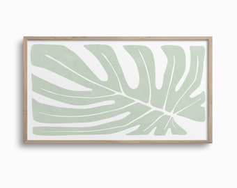 Samsung Frame TV Art,Botanical Digital Download for TV,Simple Minimalist Green White Art,Pastel Neutral Tones Monstera Leaf Digital TV Art