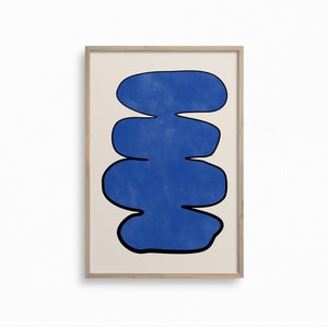 May include: Abstract art print featuring a stack of four blue organic shapes with black outlines on a cream background.