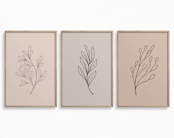 Set of 3 Minimal Botanical Line Drawings,Downloadable Flower Line Art,Minimalist Blush Pink Wall Art,Plants Printable Art,Botany Prints
