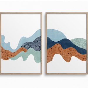 Abstract Ocean Waves Wall Art,Blue Rust Landscape Printable Art,Set of 2 Minimalist Downloadable Prints,Minimal Boho Decor,Terracotta Print
