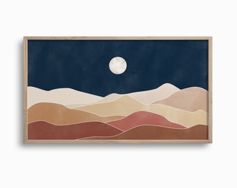 サムスン フレーム テレビ アート、抽象的な夜景、夏のアート、満月アート、テレビ用ボヘミアン アート、青と錆びた山のアートワーク、デジタル テレビ ダウンロード