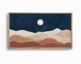 Samsung Frame TV Art,Abstract Night Landscape,Summer Art,Full Moon Art,Boho Art for TV,Blue and Rust Mountains Artwork,Digital TV Download