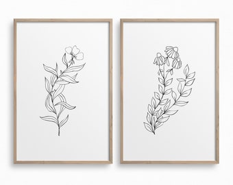 Set of 2 Flower Line Prints,Minimal Botanical Printable Art,Downloadable Black White Botany Prints,Minimalist Floral Wall Art,Boho Wall Art