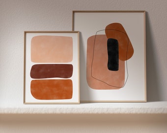 Zestaw 2 abstrakcyjnych kształtów, do pobrania sztuka ścienna z terakoty, geometryczna minimalistyczna sztuka do druku, minimalistyczne wydruki ścienne boho, wydruk z cienką linią