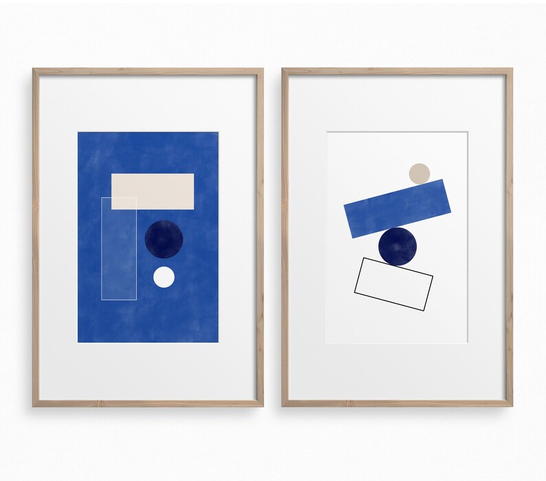 Abstract Geometric Wall Art,Downloadable Royal Blue Prints,Minimalist Watercolor Set of 2,Minimal Boho Wall Decor,Mid Century Modern Print