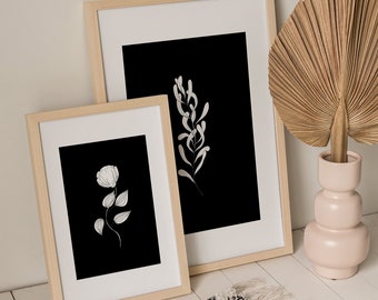 Black White Flowers Wall Art Set of 2,Downloadable Botanical Line Art,Minimalist Print,Botany Prints,Floral Printable Art,Boho Wall Decor