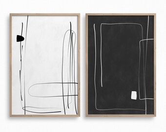 Conjunto de impresión en blanco y negro de 2, arte abstracto descargable, arte japonés, impresión de arte geométrico, impresiones de arte lineal, arte imprimible, cartel minimalista