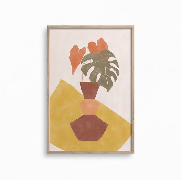 Abstract Vase Print,Downloadable Modern Pottery Print,Minimalist Print,Tropical Plants Wall Art,Still Life Printable Art,Boho Wall Print