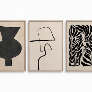 Conjunto de impresión descargable, decoración japonesa, arte de pared neutro, impresión de arte de jarrón, dibujo de una línea, arte botánico imprimible, carteles de exposición en negro beige