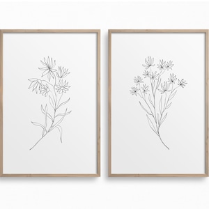 Minimalist Flowers Set of 2 Prints,Downloadable Botanical Line Art,Botany Prints,Black White Wall Art,Floral Printable Art,Boho Wall Decor