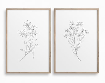 Minimalist Flowers Set of 2 Prints,Downloadable Botanical Line Art,Botany Prints,Black White Wall Art,Floral Printable Art,Boho Wall Decor