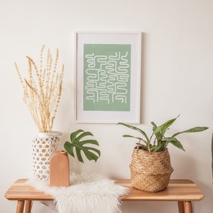 Mid Century Modern Line Art,White Brush Stroke Print,Downloadable Minimalist Wall Art,Sage Green Printable Art,Abstract Shapes Boho Print