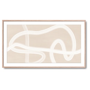 Puede incluir: Impresi&oacute;n de arte abstracto con l&iacute;neas blancas sobre un fondo beige. La impresi&oacute;n est&aacute; enmarcada en un marco de madera claro.
