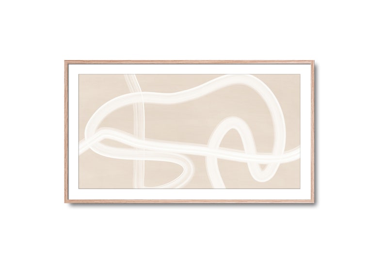 Puede incluir: Impresi&oacute;n de arte abstracto con l&iacute;neas blancas sobre un fondo beige. La impresi&oacute;n est&aacute; enmarcada en un marco de madera claro.