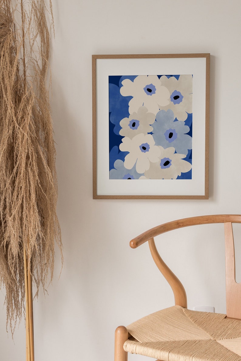 Downloadable Floral Art Print,Flower Market Poster,Trendy Boho Wall Art,Blue and Beige Printable Art,Minimal Botanical Art,Minimalist Print image 1